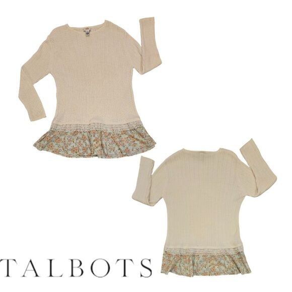 Talbots Cream Knit Sweater Floral Ruffle Hem Top Long Sleeve Feminine Chic XL EC - Picture 1 of 6
